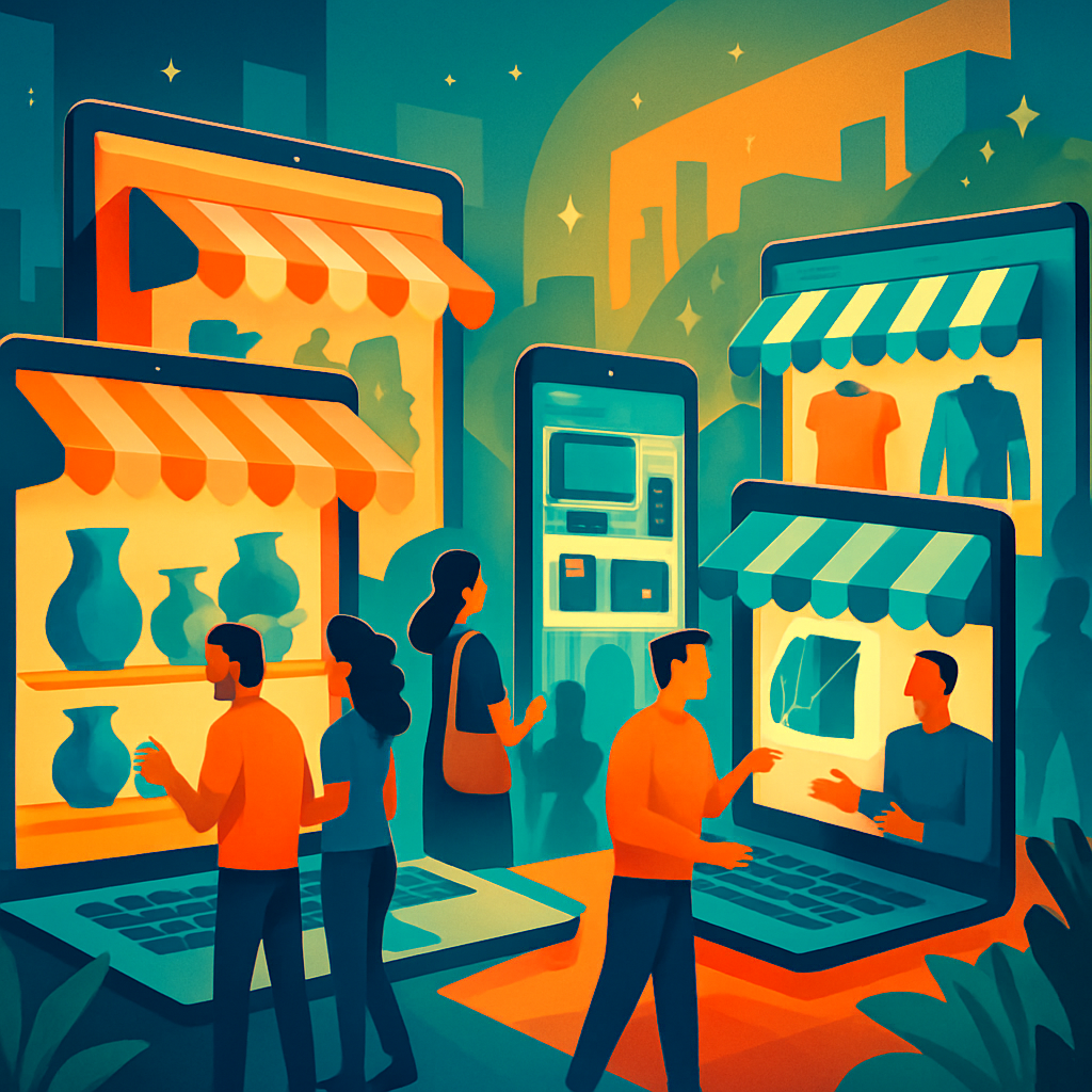 Envision a dynamic scene set in a bustling digital marketplace where a diverse array of eCommerce storefronts flourish Each shop showcases unique prod