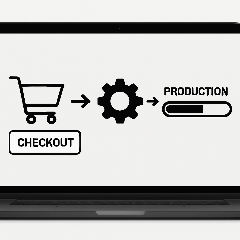 laptop view image of a checkout item pointing to a cog pointing to a production progress bar