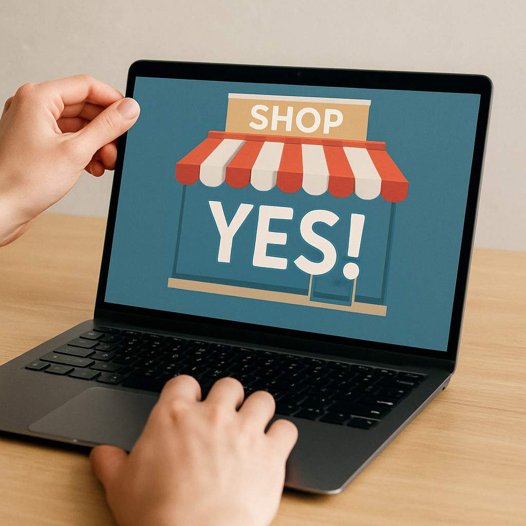 opening a laptop with a shop saying yes-1