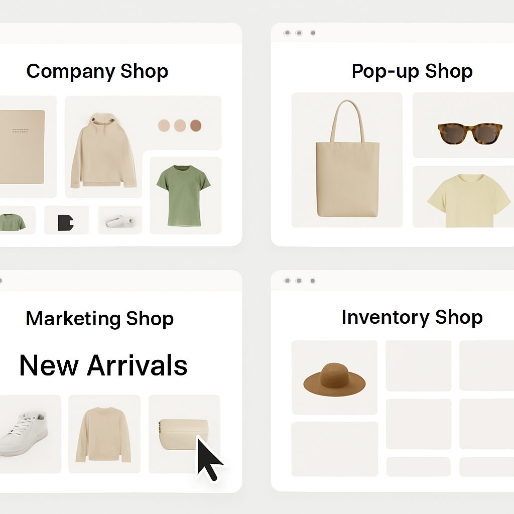 screen view of different types of online stores company shop pop up shop marketing shop inventory shop with a curser