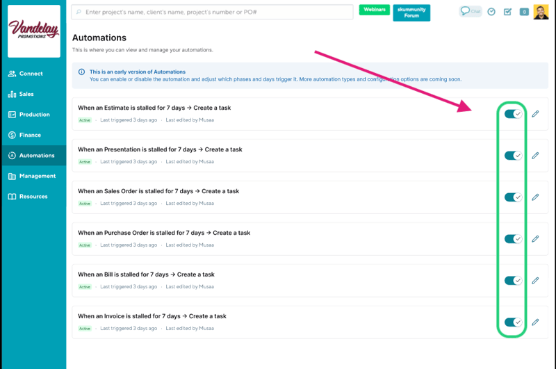 The Automations page in commonsku, showing the six built-in automations with on/off toggles