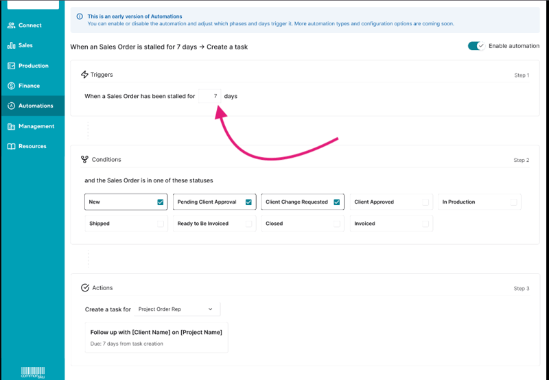 Configuring a sales order automation in commonsku: trigger days, status conditions and the create-a-task action