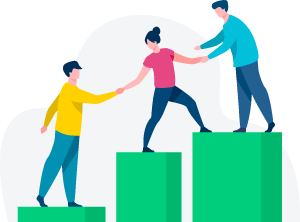 vector illustration of 3 employees giving hands helping colleagues walk upstairs