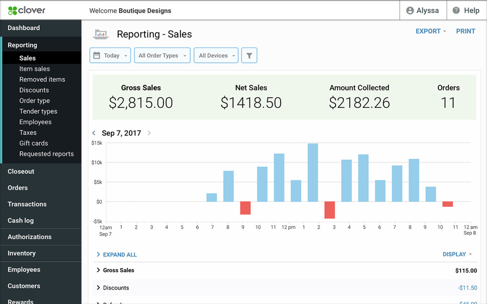 screenshot of clover connect reporting dashboard